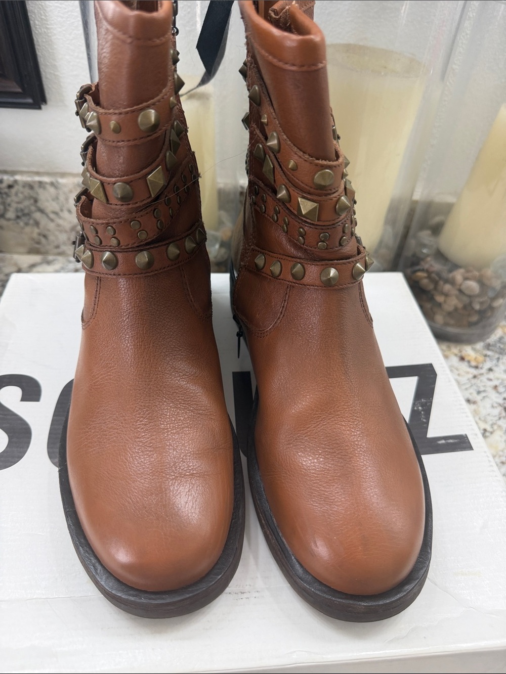 SCHUTZ Cognac Leather Studded Strap Ankle Boots